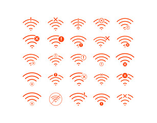 Set of no Wireless network sign symbol icon orange color
