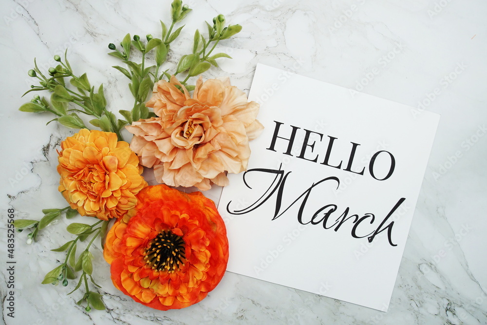 Wall mural hello march text with orange flower bouquet on marble background