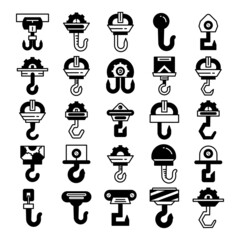 industrial crane hook and hoist icons set