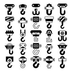 industrial crane hook and hoist icons set