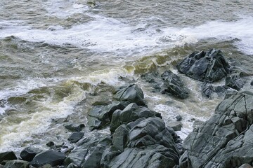 Rocky sea coast. Sea of Okhotsk. Khabarovsk Krai, far East, Russia.