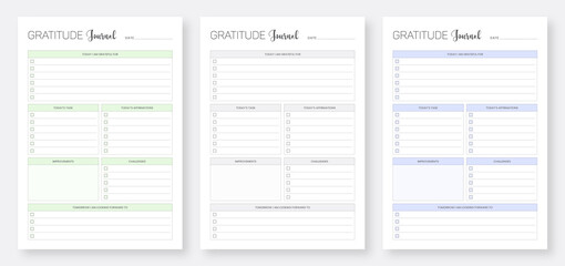 Simple Gratitude Journal Printable Sheet. Set of Gratitude Journal Template Design. Minimalist planner pages design. Daily Gratitude Planner Design.
