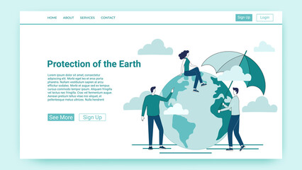 Protection of the Earth.People with an umbrella on the background of the earth.Protection of ecology and the ozone layer.An illustration in the style of a green landing page.