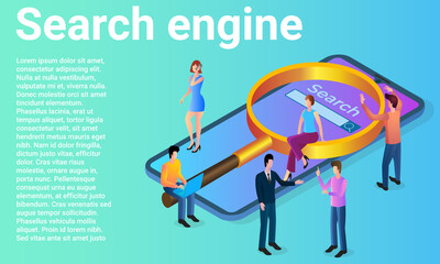 Search engine.A smartphone with search technologies.People on the background of a smartphone are searching for information.A business-style poster.Flat vector illustration.