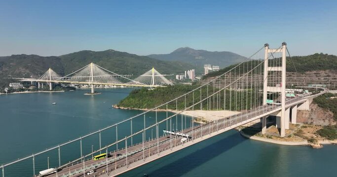 Drone fly over Hong Kong Tsing Ma anf Ting Kau bridge