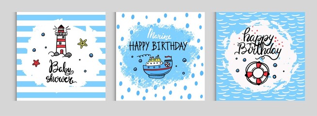 Nautical baby shower cards. Ship, lifebuoy, lighthouse. Invitations to children's holidays and children's posters on a marine theme. vector illustration.