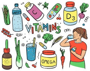 Vector color drawing of vitamins and supplements. Amino acids. Water, oxygen cocktail. The girl takes pills. Vegetables, beets, celery, carrots, broccoli. Right way of life. scribble. hand drawing