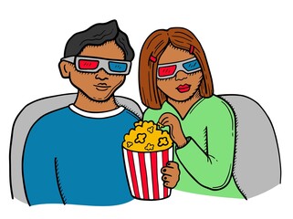 Vector illustration of a pair of blacks watching a movie. Cinema. Popcorn. Doodle style, hand drawing