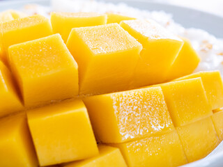 Close up of mango sticky rice with coconut milk on plate. Thai dessert with selective focus