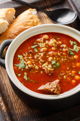 Chorba frik is a variant of a very traditional soup Maghreb consumed in Algeria, Tunisia and Libya close-up in a plate on the table. Vertical