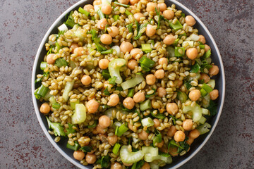 Fresh vegan freekeh salad with chickpeas, celery and herbs close-up in a plate on the table. horizontal top view from above