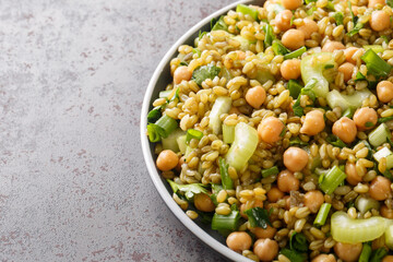 Traditional salad made with freekeh, chickpeas, celery, mint, onion and cilantro close-up in a plate on the table. horizontal