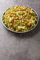 Salad made of freekeh, chopped herbs, celery, scallions and chickpeas close-up in a plate on the table. Vertical