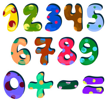 Numbers 0-9 and mathematical signs: plus, minus, equal. Multicolored numbers and signs with large polka dots