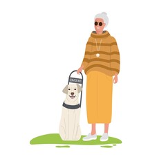 Elderly woman with dark glasses standing. Guide dog helps elderly woman. Service Dog. Seeing Eye dog. Thoroughbred animal. Animal is sitting. Light-colored short-haired dog. Flat vector illustration