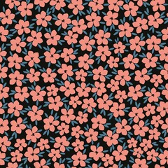 Seamless vintage pattern. Pink flowers, blue leaves. Black background. vector texture. fashionable print for textiles, wallpaper and packaging.