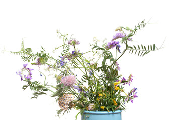 Bouquet of wild flowers in blue vase on white background
