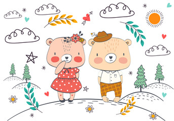 Cute illustration of loving Bears. Cartoon animals.