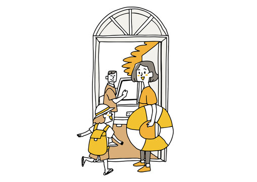 recommend clip art: 旅行に出かける幸福な家族　コミカルな手書きの人物　ベクター、線画にシンプルな色つけ　
