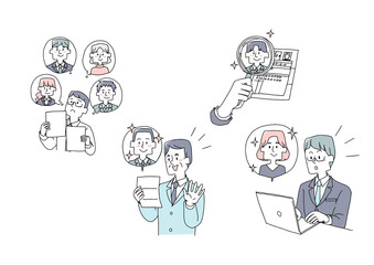 求人者を探す人事担当のセット　コミカルな手書きの人物　ベクター、線画にシンプルな色つけ　