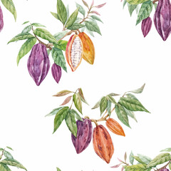 Beautiful vector seamless tropical pattern with hand drawn watercolor cocoa fruits and leaves. Stock illustration.