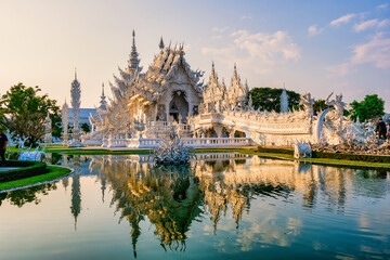 White temple Chiang Rai during sunset, Evening view of Wat Rong Khun or White Temple, Landmark in...