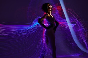 Beautiful fashionable girl neon lines light posing Lifestyle unaltered