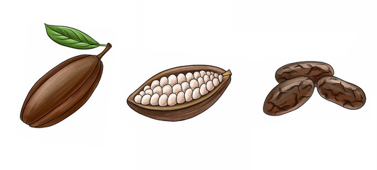 drawing cocoa fruits and beans isolated at white background, hand drawn illustration