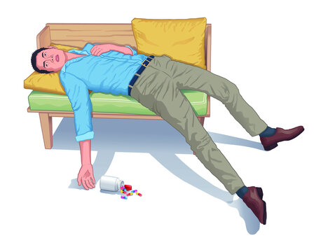 Young Man Overdosed On Drugs And Faint Fell Unconscious On Sofa Vector Illustration