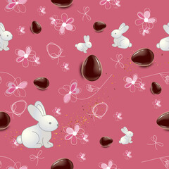 Holiday Model of greeting seamless pattern  with  easter  eggs and flowers. Vector Illustration