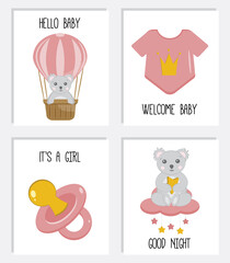 Cute posters with little koala, baby bodysuit, pacifier dummy. Vector prints for baby room, baby shower, greeting card. Cute nursery illustration. Set of Birthday cards templates. It's a girl.