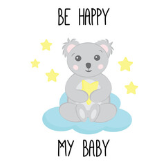 Cute little koala with the star. Illustration for newborn baby. Vector prints for baby room, greeting card, poster. Cute nursery illustration.