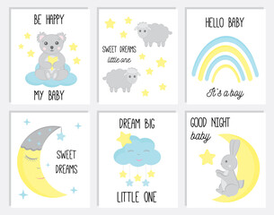 Set of cute baby shower cards or nursery posters. Hand drawn koala, bunny, rainbow, clouds, stars. Vector illustrations for invitations, greeting cards, posters. Baby shower celebration concept.