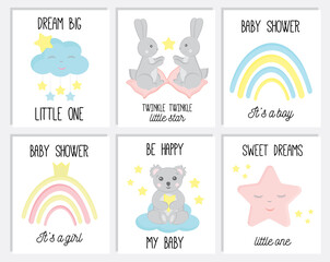 Cute vector hand drawn new born card collection. Set of cute baby shower cards including clouds, stars, bunny, koala in pastel colors. Gift cards, nursery posters and invitation. Baby shower.