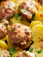 Oven baked potatoes with chicken. Baked potatoes with chicken pieces