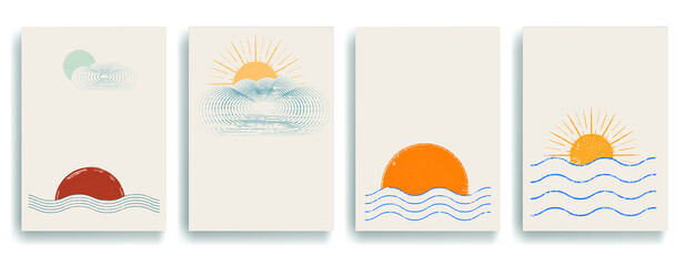 Modern poster with minimalist design elements . Grunge textured circle and arch in Boho style  . Wall art , home deco . Vector abstract shape.