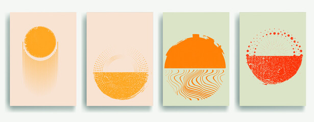 Modern poster with minimalist design elements . Grunge textured circle and arch in Boho style  . Wall art , home deco . Vector abstract shape.