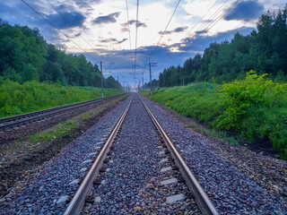 Railroad rails going into the distance. Close-up. Beautiful evening background. Forest. Sky. Sunset.