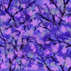 Very Peri Color of the Year 2022 Seamless pattern Spring blooming tree branches Blurred smeared transparent colors