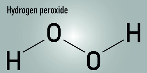 Hydrogen peroxide molecule. Reactive oxygen species, ROS. Used as bleaching agent, disinfectant, chemical reagent, etc. Skeletal formula.