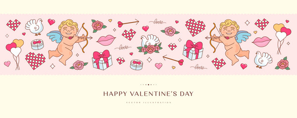 Valentine's day horizontal banner with cartoon cupid, pigeon, gift box, flower and heart. Vector illustration