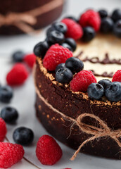 Beautiful cake with blueberries and raspberries close-up, food, background.