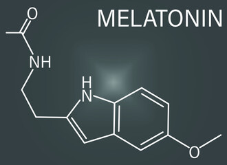 Melatonin hormone molecule. In humans, it plays a role in circadian rhythm synchronization. Skeletal formula.