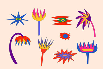 A set of fancy pointed colors and elements in the hippie style of the 60s -70s for posters, posters, design. Bright rainbow stickers