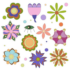 A set of flowers in the hippie style of the 60s and 70s. For design, website, poster, print, plant patterns. Bright summer icons