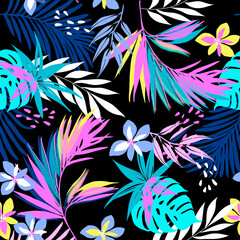 seamless pattern Exotic hawaiian tropical flowers and palm on black background artwork for fabrics, souvenirs, packaging, greeting cards and scrapbooking