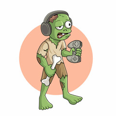 illustration of cute zombie game player holding game stick and bone wearing headphones with bored expression