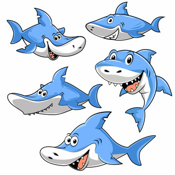 a collection of cute shark cartoons with a variety of unique styles and poses