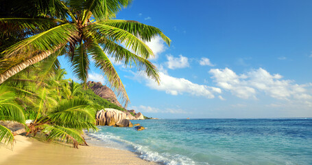 Beatiful beach Anse Source d'Argent in sunny day. La Digue Island, Seychelles.	