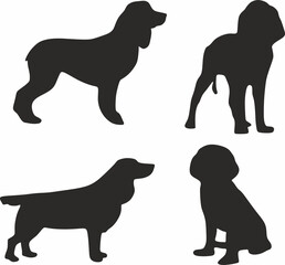 Vector set of silhouettes of small dogs. Shadows of spaniel hunters. Animals with long ears.
